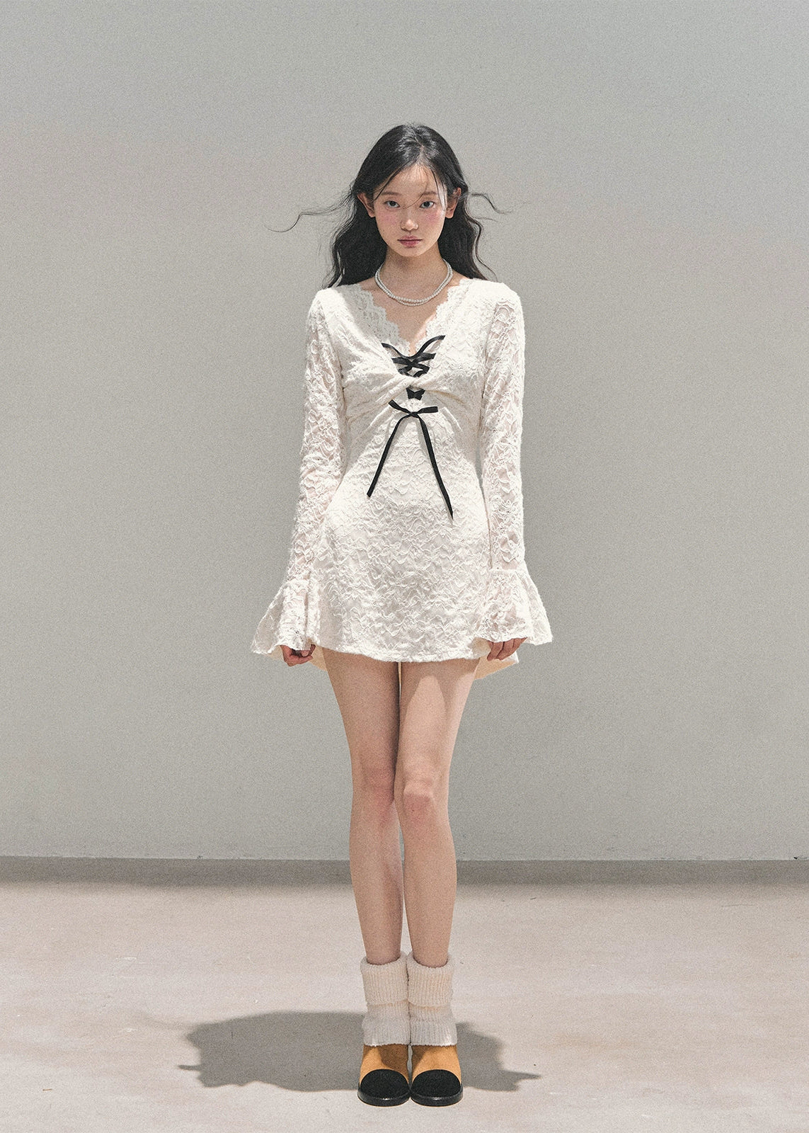 lace mini dress, French style dress, winter lace dress, corset ribbon dress, A-line puffy dress, royal sister style, elegant white dress, holiday party dress, winter date outfit, lace-up V-neck dress, Korean feminine dress, AOMALM dress, long sleeve lace dress, cute winter mini dress, luxury lace fashion, feminine winter outfit, trendy Korean dress, lace flare sleeve dress, puff hem dress, aesthetic white dress