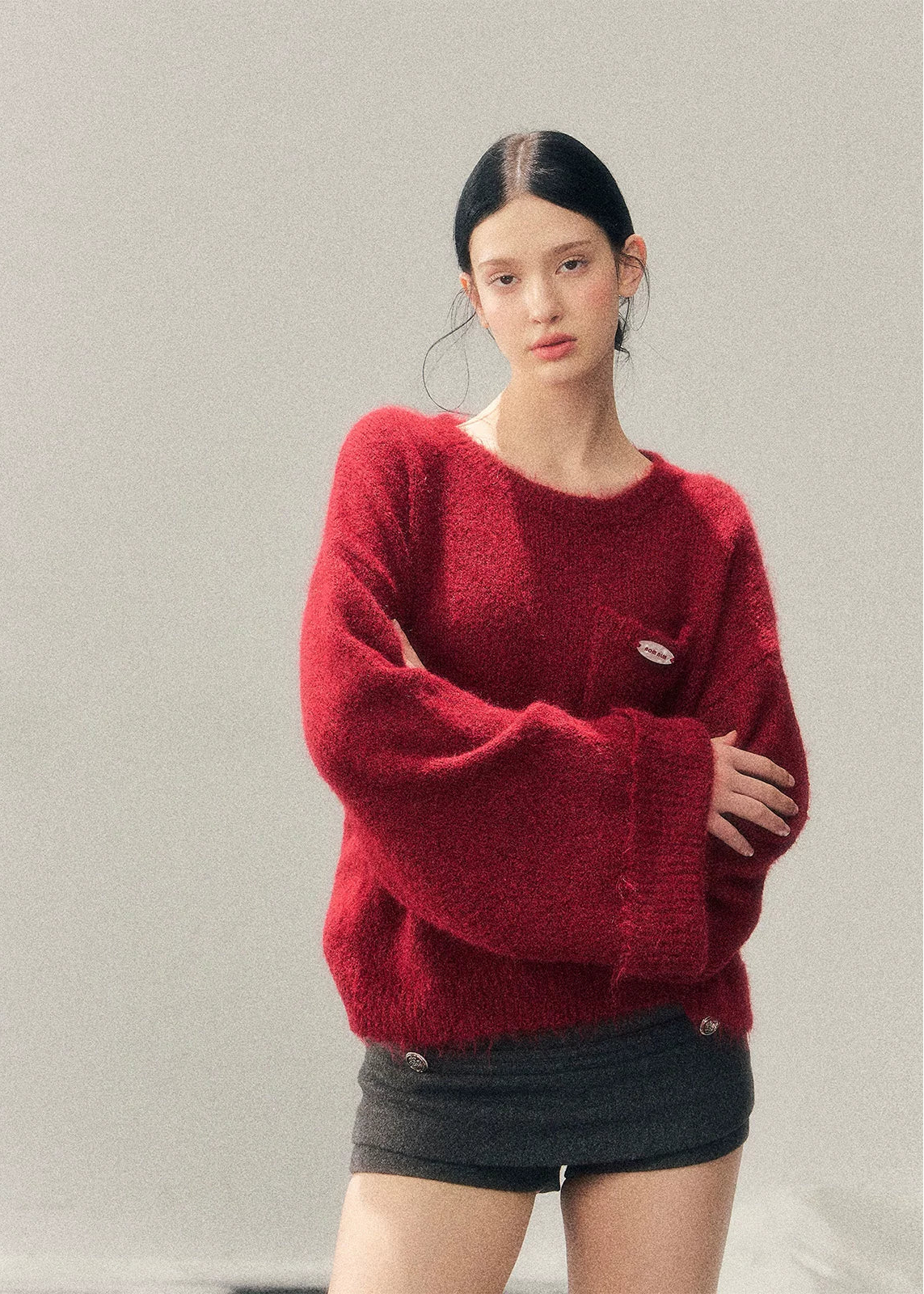 AOMALM sweater, red mohair sweater, women winter knit top, French style sweater, Korean aesthetic knit, soft feminine sweater, fluffy winter sweater, mohair pullover women, holiday red sweater, New Year knit top, cozy winter top women, elegant knitwear women, warm mohair sweater, romantic winter outfit, soft texture sweater, winter fashion women