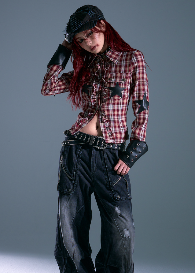 punk plaid bolero, edgy leather strap shirt, grunge slim fit plaid top, star patch punk shirt, frustration garden top, vintage punk check shirt, gothic plaid bolero women's, deconstructed plaid shirt, y2k punk long sleeve top, strap detail punk fashion
