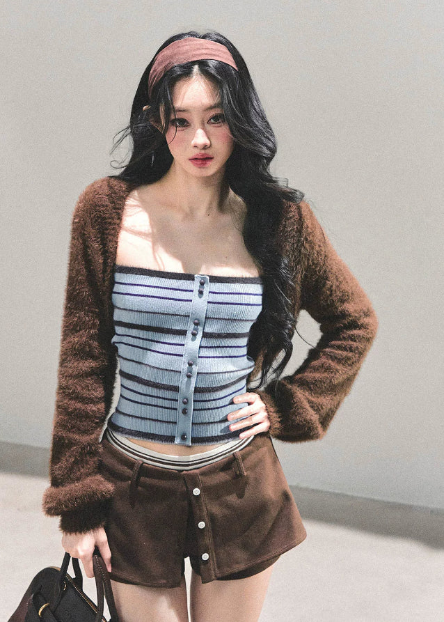 striped knit tube top, blue knit vest women, strapless knit top, spice girl style top, ribbed corset knit, autumn winter knit tank, blue stripe bustier top, fw25 street knitwear, korean knit tube shirt, fitted knit vest women
