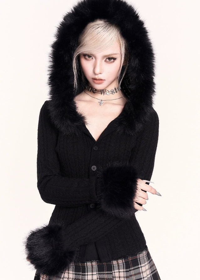 y2k fur collar knit top,
detachable fur hood sweater,
VOCK slim knit cardigan,
millennium style knit jacket,
faux fur trim twist sweater,
y2k girl aesthetic top,
hooded fur knit cardigan,
edgy korean style knit top,
plaid skirt outfit top,
cute winter knitwear women,
