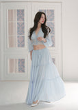 chiffon cake skirt, low rise maxi skirt, resort style skirt, tiered chiffon skirt, feminine Korean skirt, romantic summer skirt, draped long skirt, beach vacation skirt, airy summer skirt, soft chiffon maxi skirt, elegant resort outfit, flowing tiered skirt, Korean feminine fashion, vacation ready skirt, lightweight long skirt