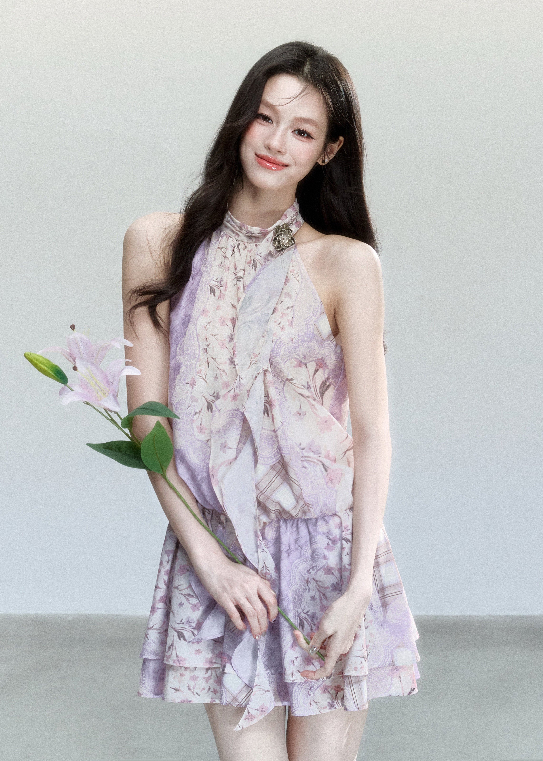 fragileheart dress, floral halterneck dress, pink floral mini dress, korean feminine dress, romantic summer dress, vintage floral dress, scarf neck mini dress, lilac floral dress, soft girl summer dress, feminine date dress, floral korean fashion, halterneck short dress