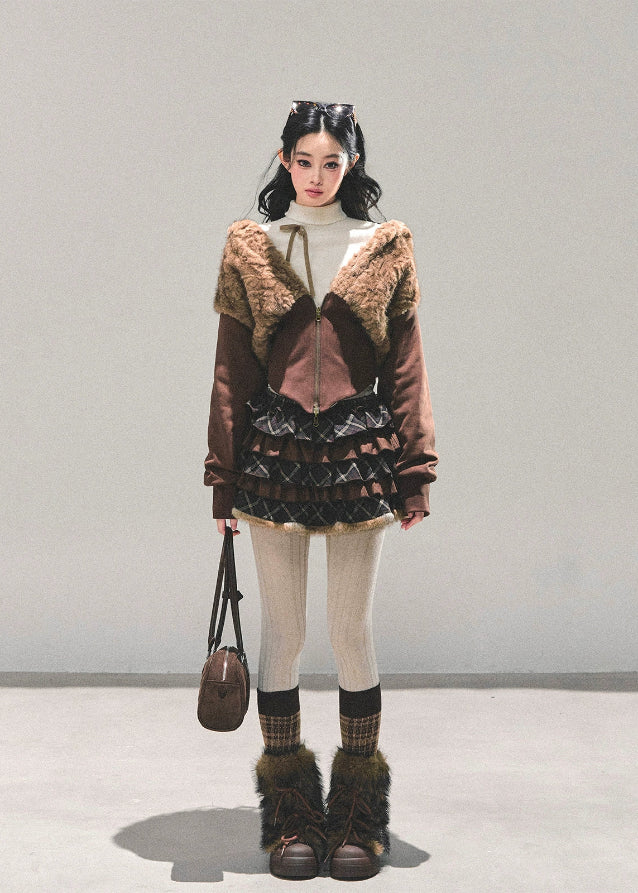 Korean jacket, lambswool jacket, fluffy cropped jacket, winter feminine coat, AOMALM jacket, Korean style outerwear, fur trim hoodie, cute winter jacket, warm fleece coat, short lamb fleece top, girly winter fashion, soft girl jacket, brown fluffy jacket, K-fashion outer, winter Korea outfit