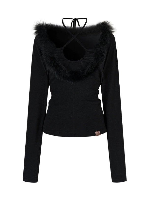 VIA PITTI knit top, faux fox fur halter top, Y2K fur trim top, cross-strap knitwear, winter sexy knit top, fur patchwork sweater, women’s halter long sleeve top, Korean Y2K knitwear, VIA PITTI autumn winter top, slim fit halter knit top, trendy fur trim shirt