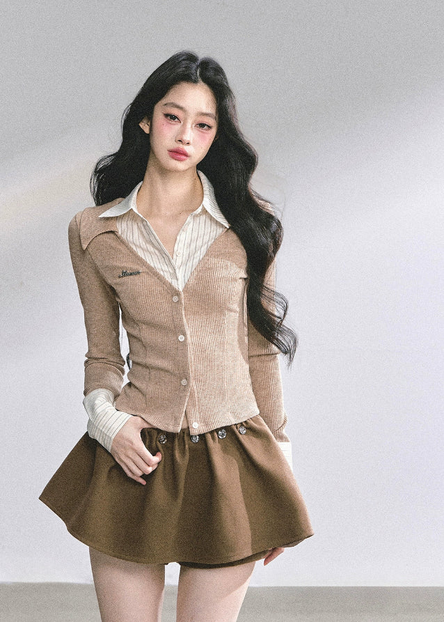 korean two tone knit top, fake two piece long sleeve top women, striped collar slim fit shirt, korean preppy fashion top, hot girl autumn outfit, seoul fashion knitwear, korean streetwear blouse, elegant korean knit top, office chic korean outfit, fall fashion women tops, french korean aesthetic outfit, preppy collar knit shirt, modern kfashion top women, slim waist knit top, korean girl fashion autumn