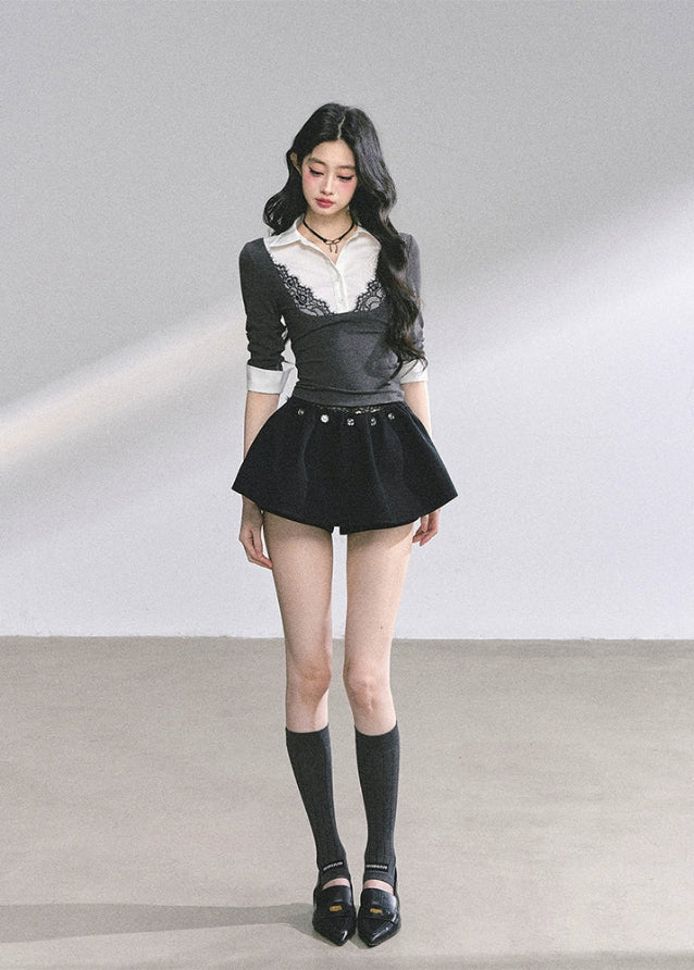 korean lace polo top, contrast lace collar blouse, fake two piece korean top, korean long sleeve lace shirt, elegant korean knit top, seoul fashion autumn 2025, korean layered blouse women, lace contrast polo shirt, preppy korean girl top, korean chic fashion blouse, slim fit lace top, korean office casual shirt, kfashion lace knit top, korean classy look, hot girl korean fashion