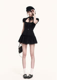 Black lace cutout top and mini skirt set