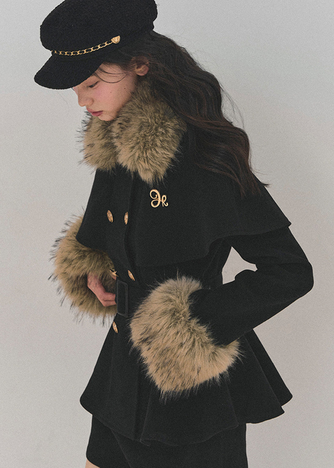 AOMALM winter set, Korean feminine coat set, faux fur cape coat, winter two piece outfit women, wool coat skirt set, rich daughter style winter, Korean luxury winter outfit, feminine winter suit, faux fur collar coat women, elegant winter set, soft girl winter fashion, Korean aesthetic winter wear, classy winter outfit women, short skirt winter set, luxury wool coat women