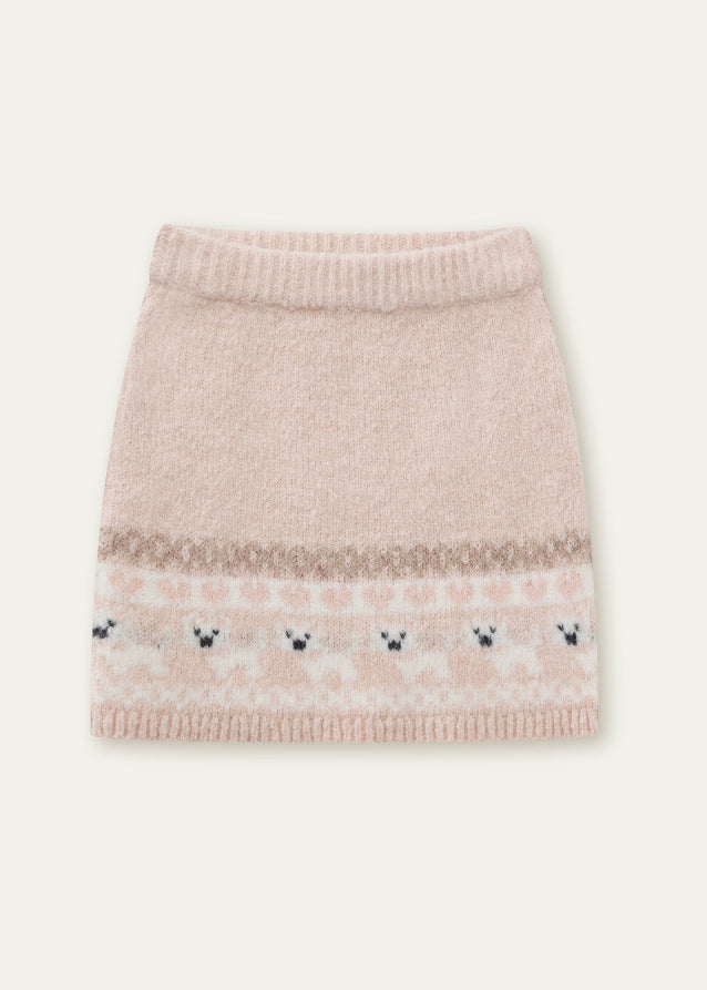 SunsetPark knit set, puppy fair isle sweater, vintage preppy knit outfit, cute winter knit set, Korean girly knitwear, warm cozy knit two piece, fair isle dog pattern sweater, puppy pattern cardigan and skirt, AW preppy knit style, feminine winter clothing, soft warm knit outfit, cute college girl knit set, brown fair isle knit, ivory fair isle knit