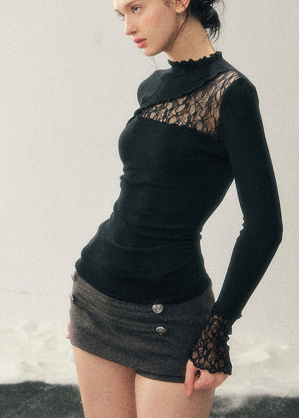 AOMALM lace top, semi turtleneck lace shirt, sheer knit women top, winter slim fit top, Korean feminine top, French style lace blouse, sexy winter base top, women layering top, hollow lace knit shirt, elegant winter inner top, slim silhouette knitwear, soft feminine fashion, Korean aesthetic clothing, winter lace turtleneck, women slim knit top