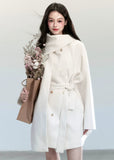 Fragileheart wool coat, scarf collar jacket, ivory belted coat, luxury Korean fashion, quiet luxury outerwear, pastel noir aesthetic, elegant winter coat, K-fashion 2025, soft feminine style, minimalist wool wrap, chic winter outfit, modern elegant outerwear, white long coat, sophisticated Korean womenswear
