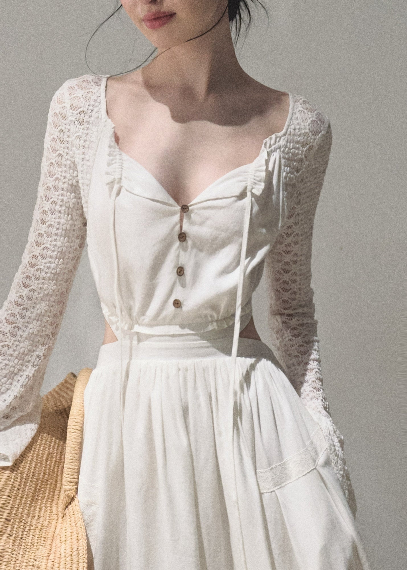 oakmoo dress, resort maxi dress, cut out waist dress, lyocell linen dress, lace sleeve maxi dress, elegant summer dress, feminine resort dress, ivory maxi dress, romantic vacation dress, long sleeve summer dress, refined resort outfit, french inspired dress
