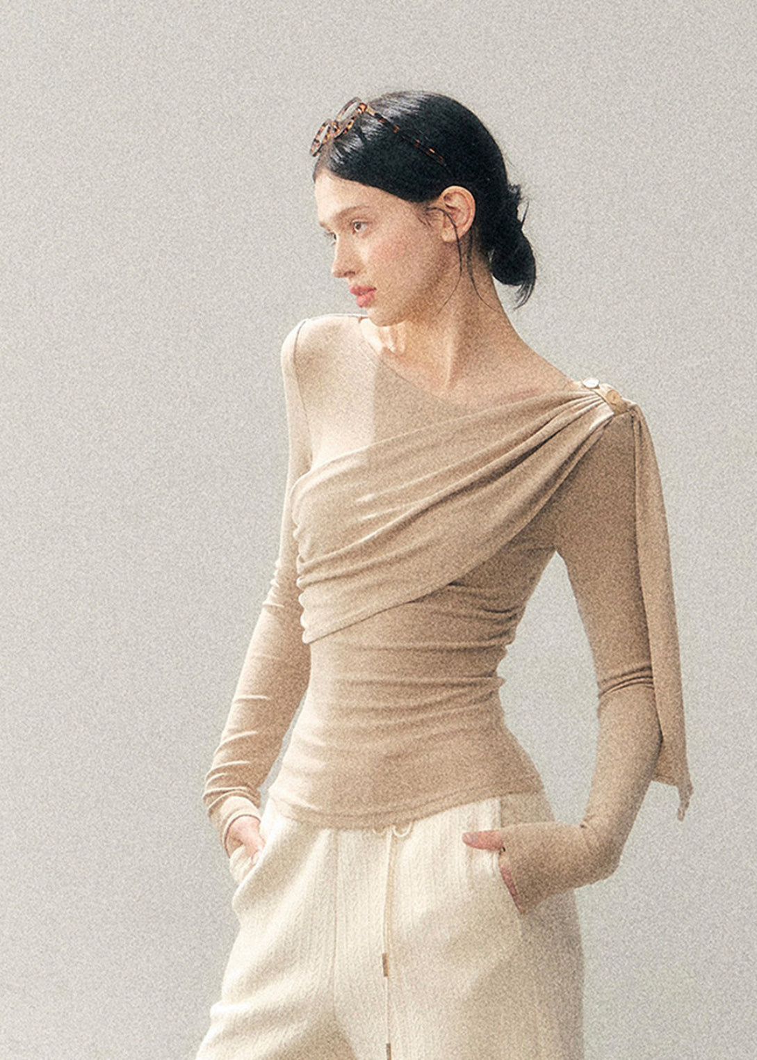 French style knit top, Korean feminine top, one shoulder long sleeve top, draped knit shirt women, winter slim fit top, elegant women knitwear, asymmetrical neckline top, waist slimming top, soft aesthetic fashion, minimal feminine top, Korean winter outfit, French chic clothing, modern women knit top, layering winter top, elegant casual top