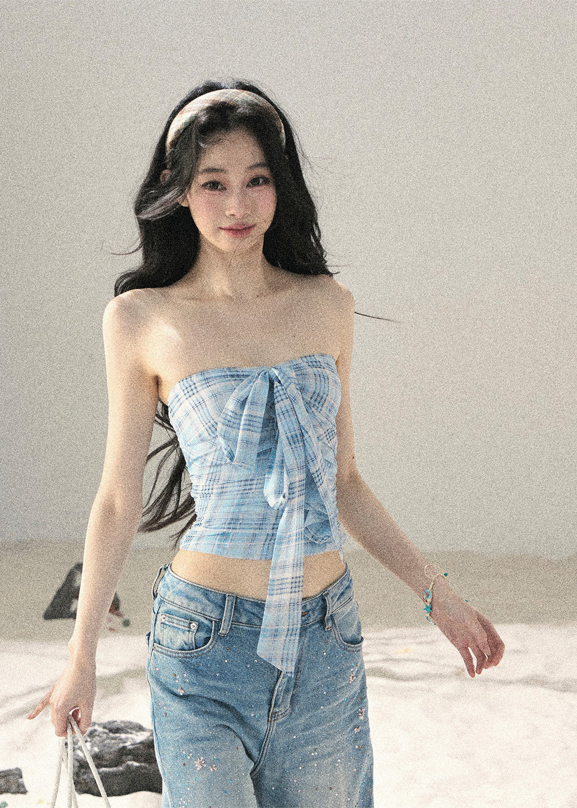 aomalm top set, blue plaid top, strapless bow top, korean feminine top, plaid bandeau top, summer cardigan set, blue danube top, sweet spicy summer top, feminine korean fashion, short summer top, plaid cami top, korean vacation outfit