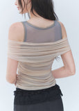 off shoulder lace top, fake two piece top, slimming lace top, Korean feminine top, sheer drape top, romantic mesh top, fitted summer top, lace detail blouse, off shoulder slim top, feminine Korean fashion, date night top, soft layered blouse, polyester spandex top, elegant casual top, romantic summer blouse