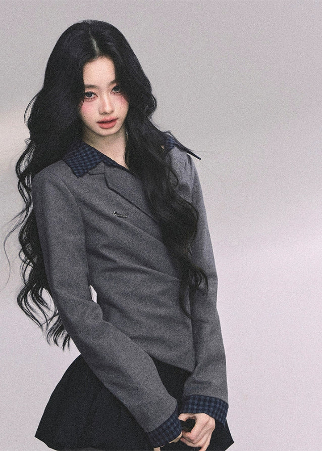 fake two piece polo top, plaid collar long sleeve shirt, schoolgirl style top women, autumn slim fit polo, wrap design knit top women, academia plaid shirt, fw25 preppy top, waist slimming shirt women, australian preppy outfit
