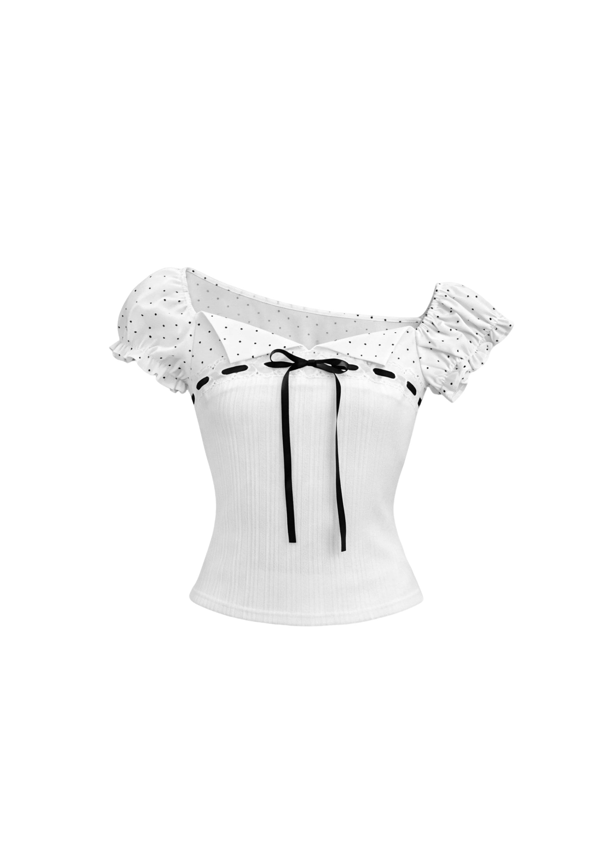 fragileheart top, square neck ribbon top, vintage korean top, off shoulder t-shirt, waist cinching top, polka dot sleeve top, feminine korean fashion, literary girl top, sweet ribbon tee, korean summer top, romantic fitted top, soft girl fashion