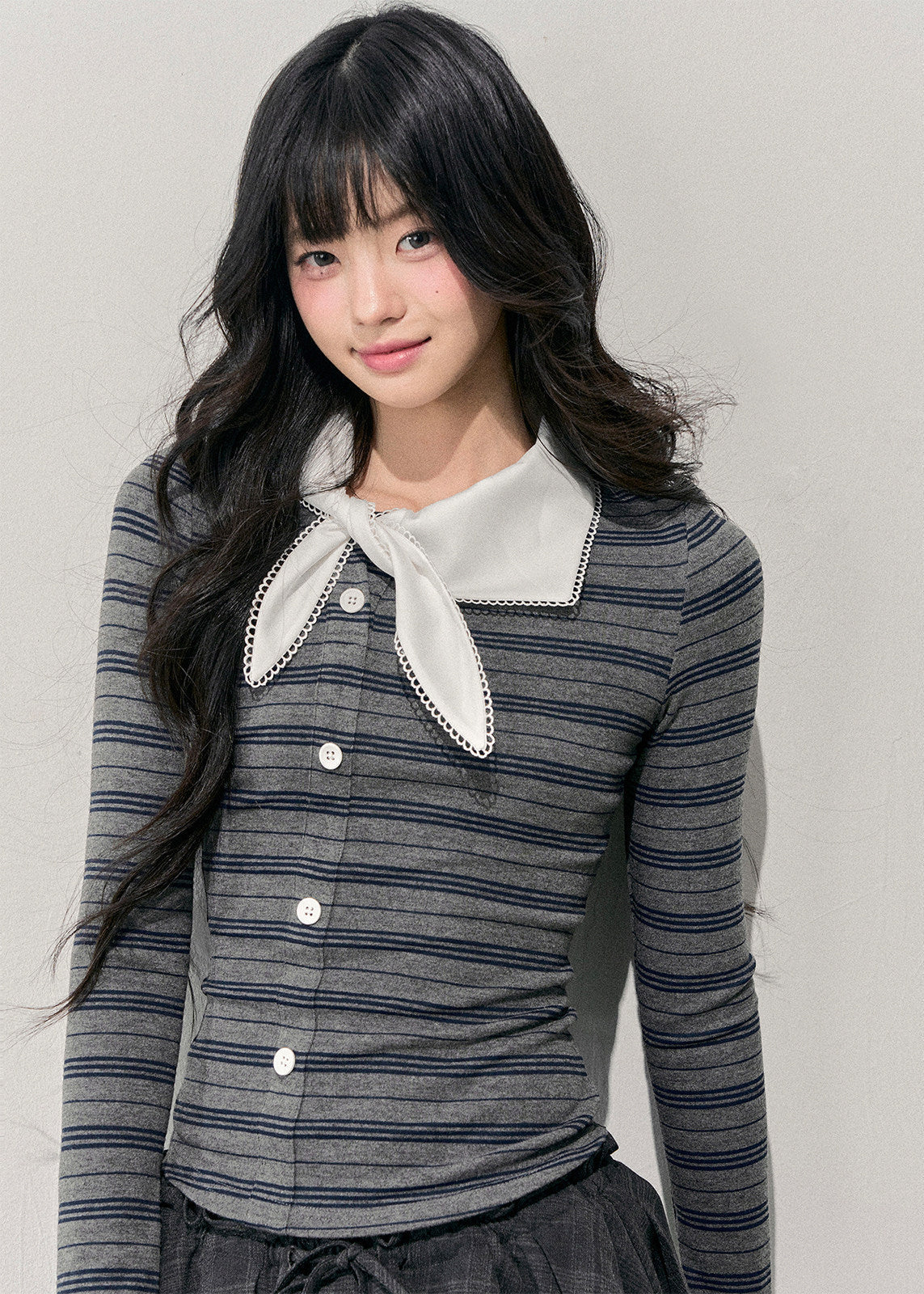 AOMALM knit top, korean striped top, fake two piece knit, layered stripe long sleeve, feminine korean style top, slim fit knit tee, autumn winter knitwear, soft girl fashion top, striped long sleeve women, korean aesthetic clothing, elegant casual knit, ribbon collar knit top, winter layering top women, slim korean top, soft feminine outfit, trendy korean knitwear