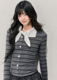 AOMALM knit top, korean striped top, fake two piece knit, layered stripe long sleeve, feminine korean style top, slim fit knit tee, autumn winter knitwear, soft girl fashion top, striped long sleeve women, korean aesthetic clothing, elegant casual knit, ribbon collar knit top, winter layering top women, slim korean top, soft feminine outfit, trendy korean knitwear
