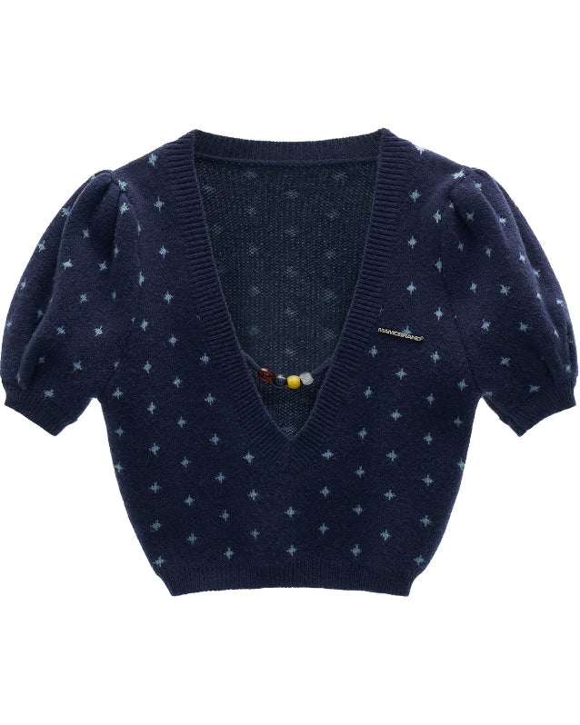 vintage crochet sweater women, puff sleeve lace knit top, romantic slim fit knitwear, fall winter feminine sweater, korean soft girl fashion, gentle sweet crochet top, v neck lace knit blouse, cottagecore puff sleeve sweater, nowa tokyo romantic knit style
