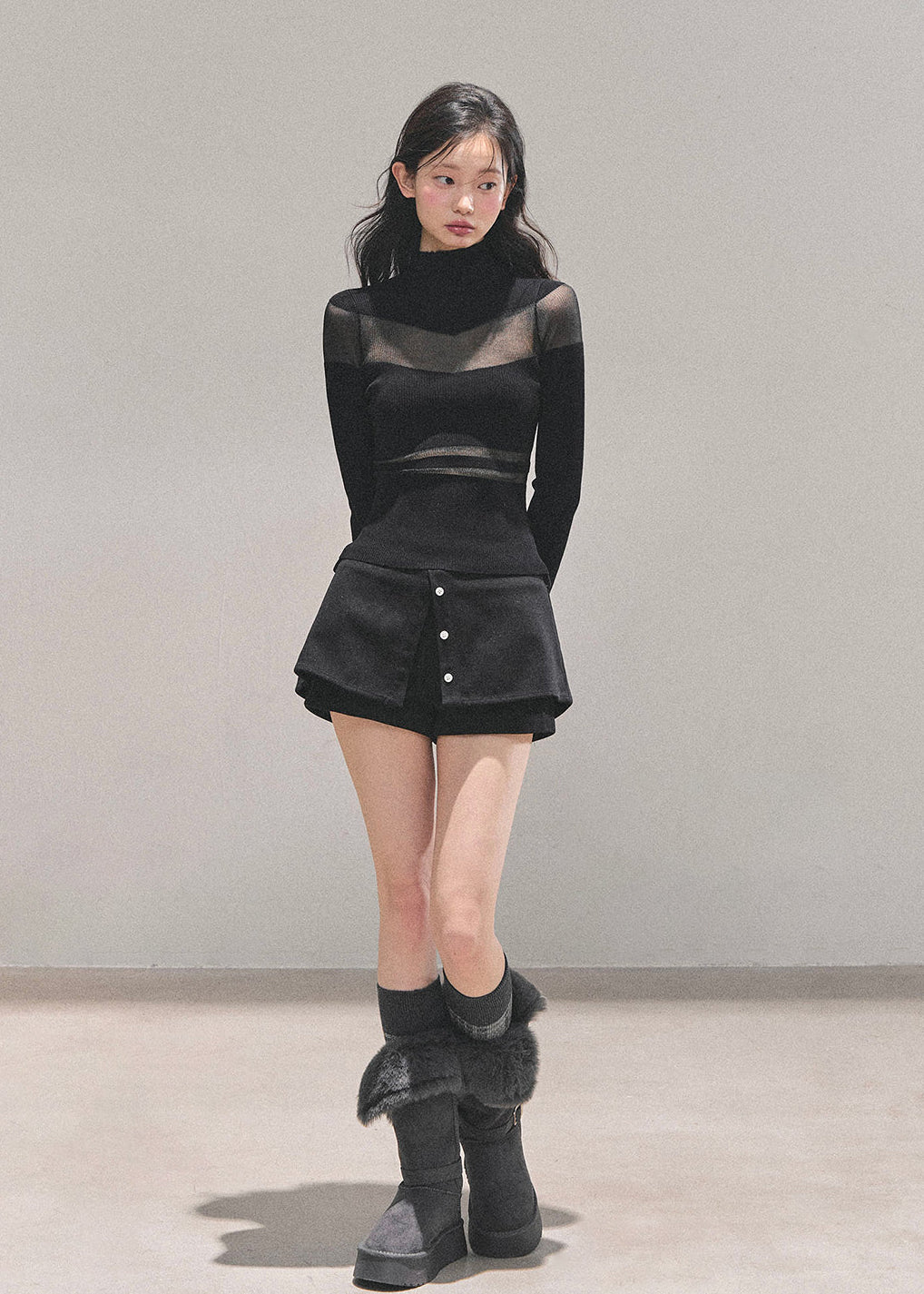 whispering of the night top, korean knit top, semi sheer knit, mesh panel knit shirt, slim fit winter top, women’s turtleneck knit, korean fashion top, elegant mesh knitwear, black mesh knit top, ivory mesh sweater, AOMALM top, winter slim knit shirt, long sleeve mesh top, feminine korean clothes, chic winter tops for women, aesthetic winter outfits, stylish knit base layer, hot girl knit top, soft stretch knitwear