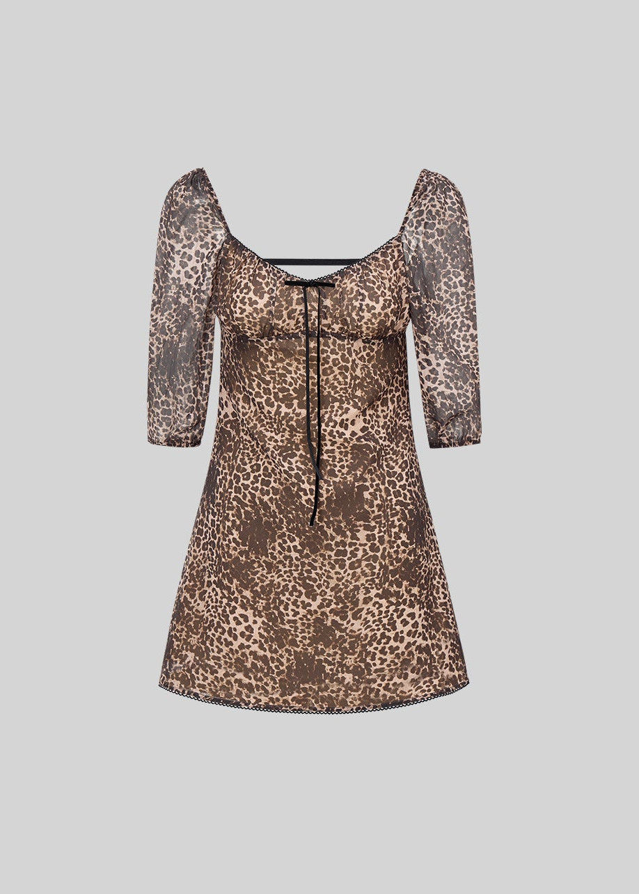 leopard print mini dress, backless mini dress, square neck dress, puff sleeve leopard dress, Korean feminine dress, bubble mini dress, statement summer dress, date night dress, feminine leopard dress, sensual mini dress, romantic animal print dress, waist cinching dress, vacation mini dress, city outfit dress, LaLuneDuCiel style dress