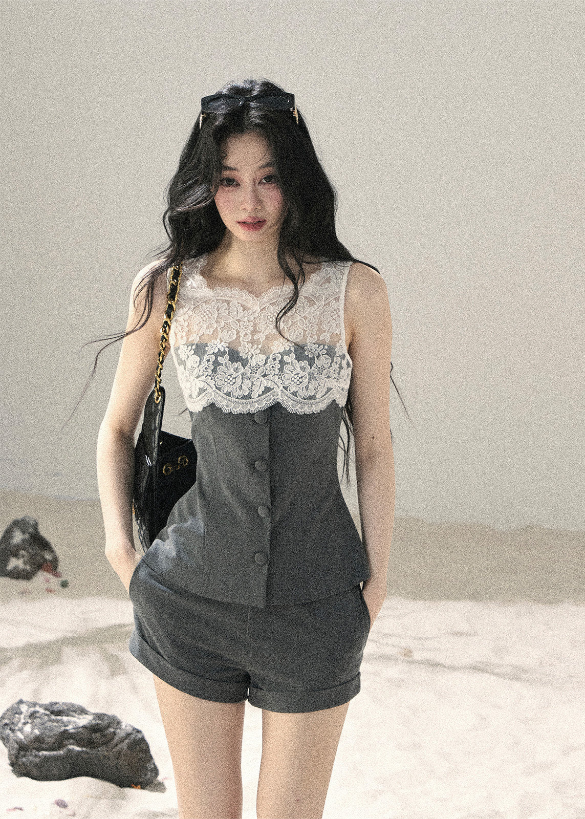 Romantic two-piece shorts set with button-front top