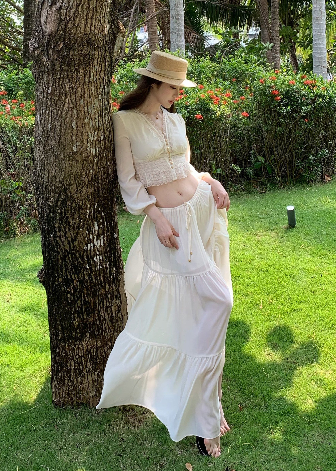 chiffon lace top, puff sleeve blouse, v neck summer top, Korean feminine top, French resort blouse, lace trim top, waist slimming blouse, cropped chiffon top, romantic summer blouse, beach vacation top, sunbathing style top, feminine Korean fashion, lightweight chiffon blouse, resort wear top, summer lace shirt