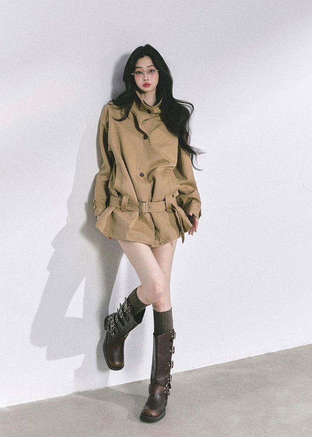 french trench jacket, korean short trench coat, autumn outerwear women, seoul street style jacket, belted loose fit coat, stand collar windbreaker, hepurn fashion jacket, elegant french outerwear, korean fashion 2025, minimalist city coat, oversized chic jacket, trendy korean outfit, casual luxury jacket, nom alm style, korean modern trench