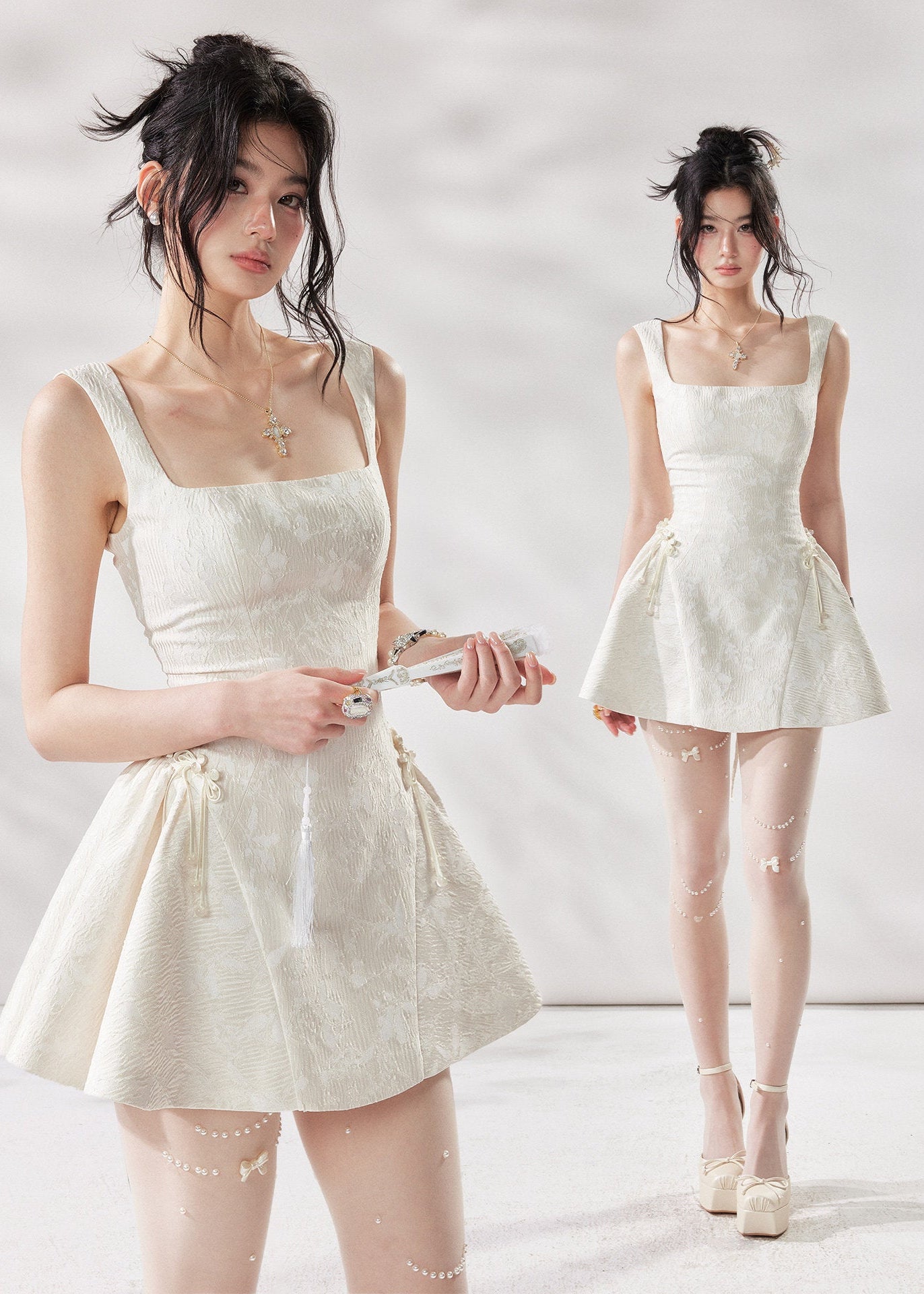 ivory a line dress, square neck dress women, white summer dress, french style mini dress, korean fashion dress, romantic summer dress, sleeveless a line dress, vacation dress women, feminine summer outfit, elegant casual dress