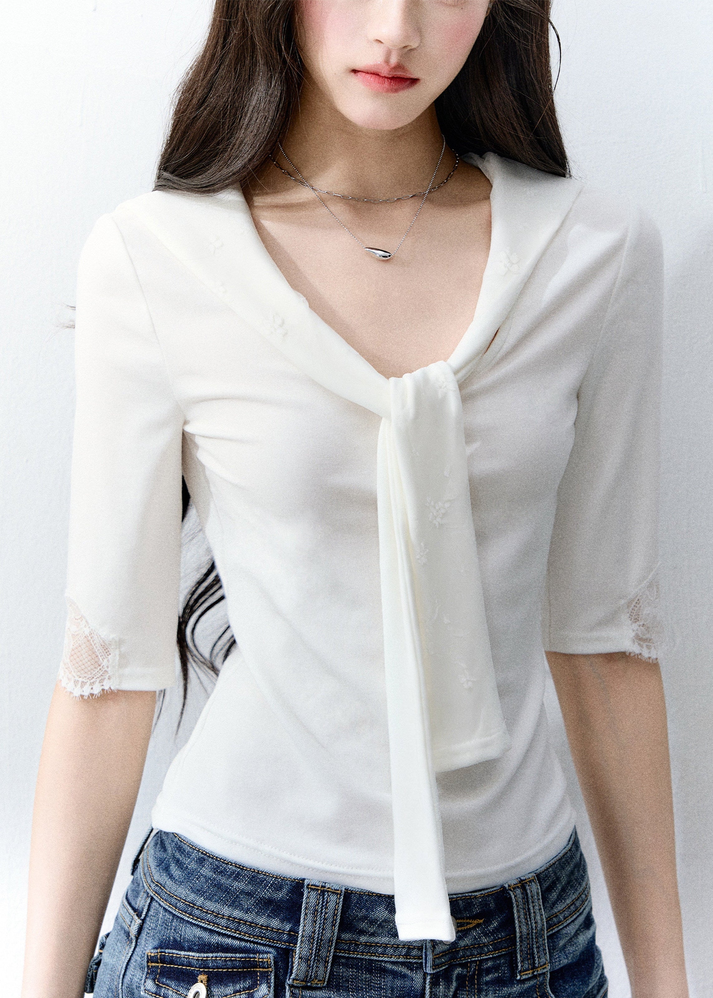 fragileheart top, white lace tie top, korean feminine top, pure desire lace top, slim lace t-shirt, tie neck top women, glass candy top, feminine korean fashion, lace summer top, soft white blouse, romantic fitted top, korean summer outfit