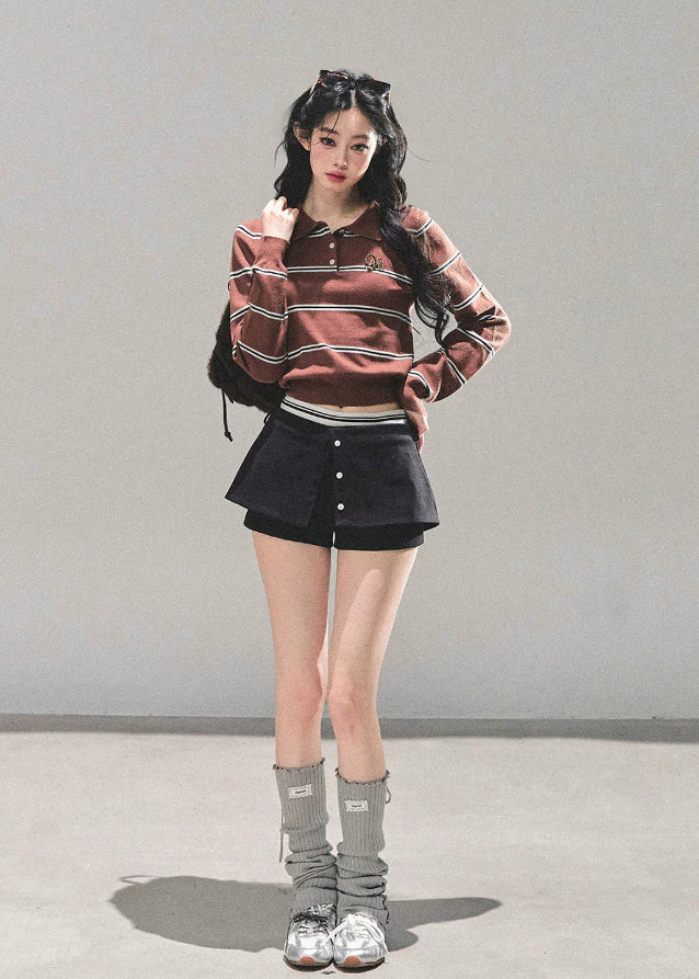 striped knit top, cropped polo shirt, vintage striped sweater, Korean fashion knit, AOMALM polo top, fall knitwear women, slimming crop top, long sleeve polo, American retro knit, Korean style tops, autumn fashion women, preppy knit top, waist-slimming shirt, striped crop fashion, aesthetic polo top, soft knit sweater, cute Korean outfit, polo collar knit, trendy fall tops, slim fit long sleeve top.
