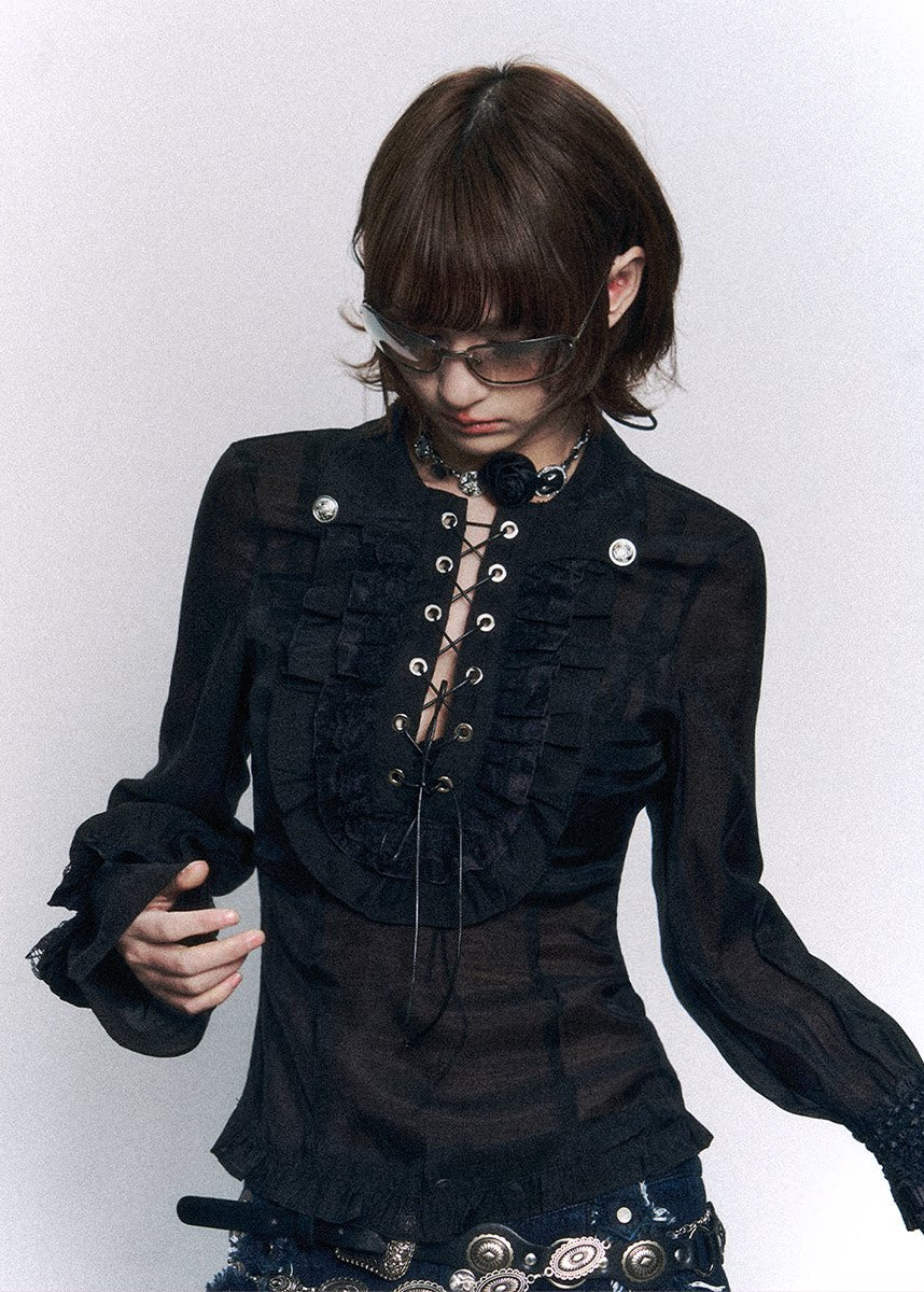 lace up top women, slim fit shirt women, sheer blouse women, grunge outfit women, edgy outfit women, street style top, punk style clothing, y2k edgy outfit, alternative fashion women, corset style top, black fitted blouse, urban streetwear women, mesh panel top, statement top women, fitted long sleeve top, rebellious fashion outfit, underground fashion women, dark aesthetic outfit, edgy streetwear women, slim gothic top