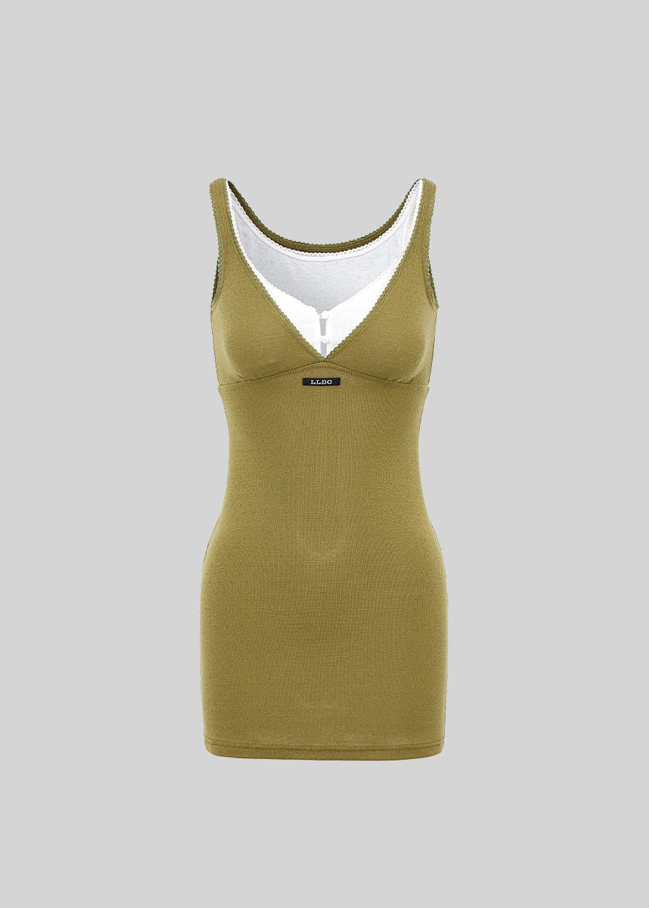 lace trim strap dress, fake two piece dress, slimming mini dress, Korean feminine dress, olive green mini dress, navy strap dress, summer mini dress, hollow lace dress, feminine vacation dress, slim fit dress, romantic Korean fashion, casual summer dress, lace neckline dress, date outfit dress, soft V neck mini dress
