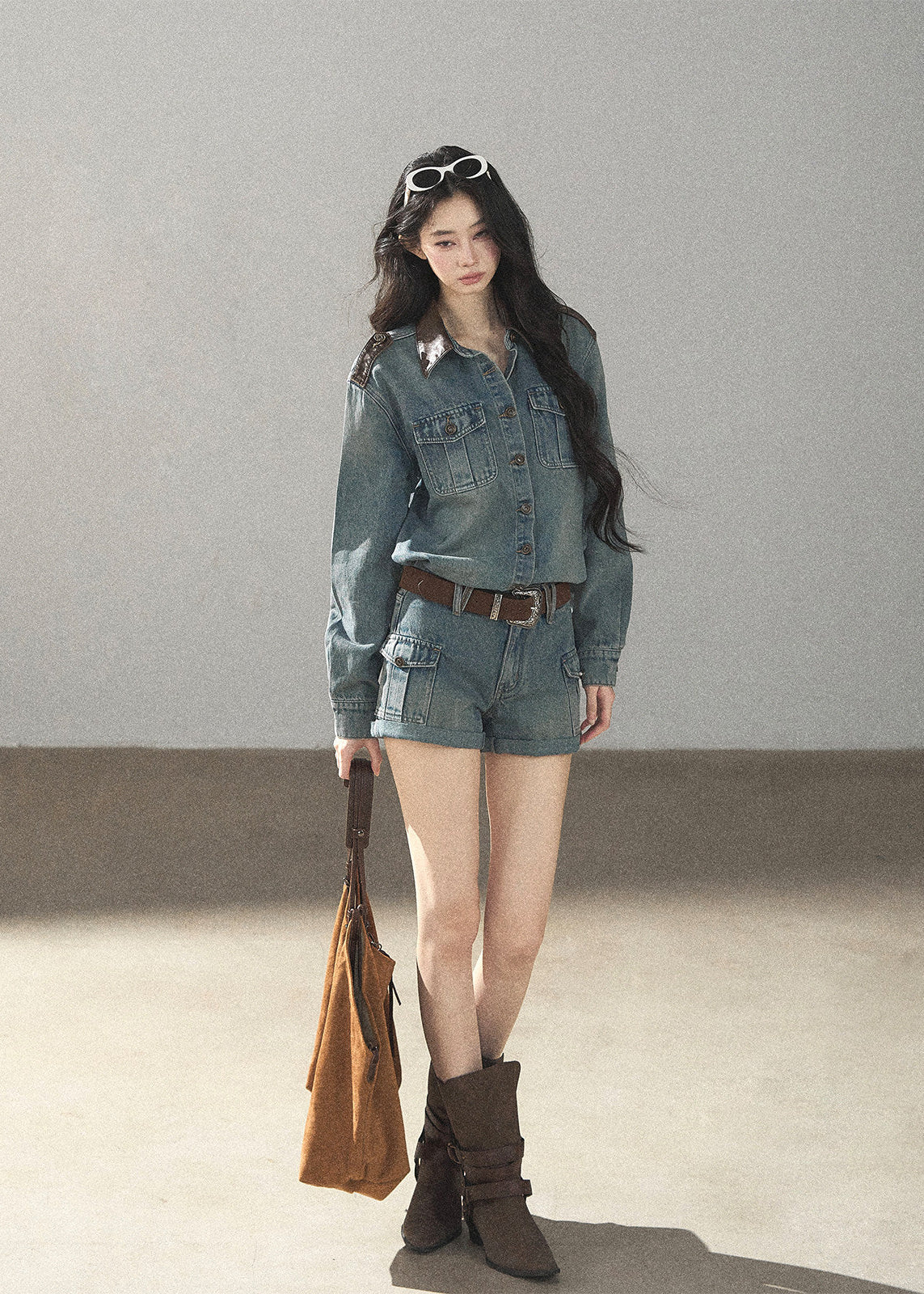 Relaxed denim jacket styled with matching shorts
