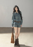 Relaxed denim jacket styled with matching shorts