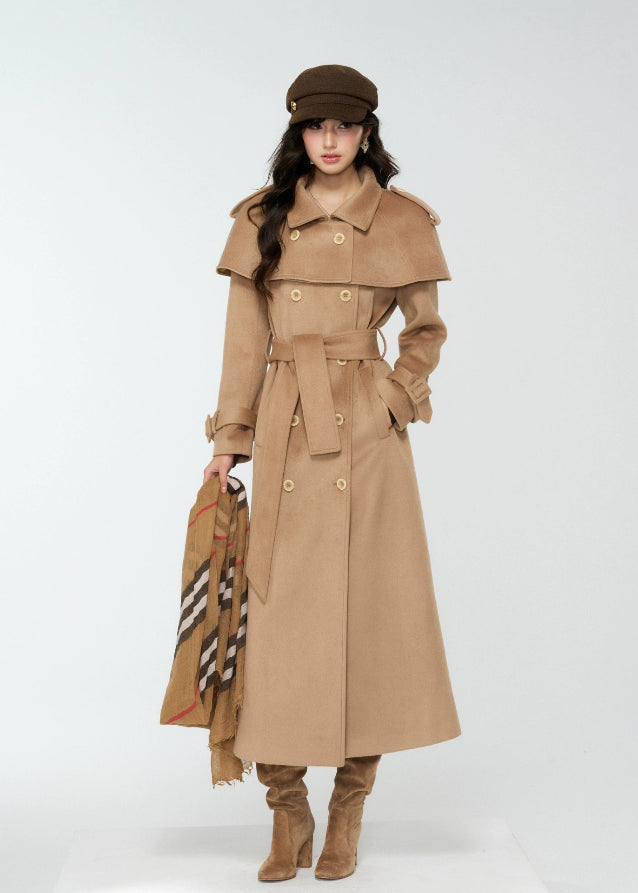 4muggle, camel trench coat, cape trench coat, British style long coat, women’s wool long trench, cape shoulder coat, tweed trench coat, autumn winter coat, elegant long jacket, detective coat style, classic camel wool coat, vintage British fashion, cape design outerwear, slim long coat women, stylish winter coat