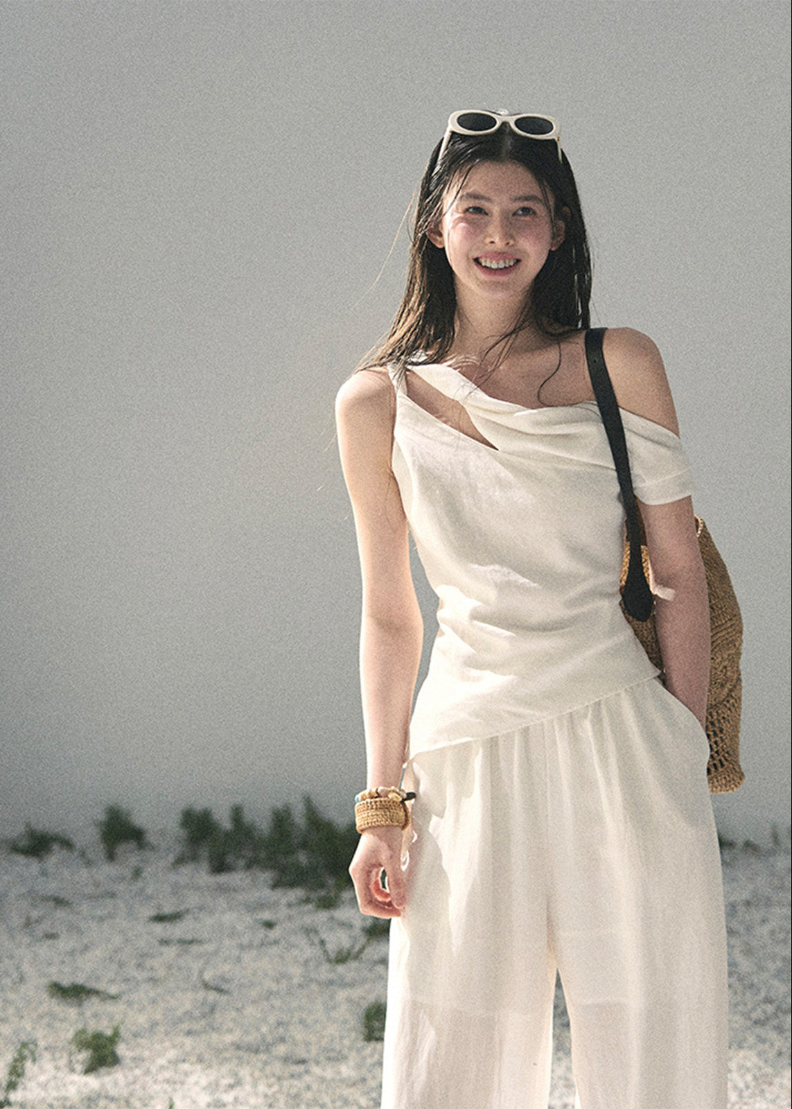 aomalm set, white two piece set, minimalist summer set, korean fashion set, asymmetric top set, wide leg trouser set, lyocell linen set, feminine korean outfit, white co ord set, elegant summer outfit, vacation set women, draped top and pants set