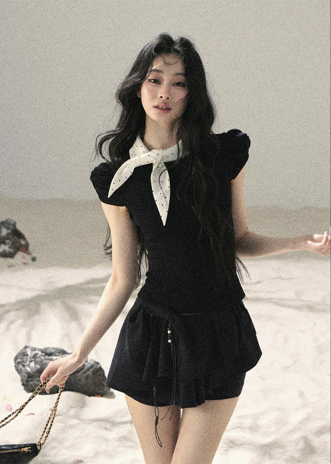 aomalm top, bow puff sleeve top, polka dot bow top, korean feminine top, french vintage top, black slimming top, puff sleeve t-shirt, waist defining top, feminine korean fashion, summer bow top, romantic black top, soft french style top