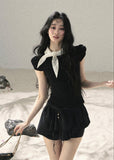 aomalm top, bow puff sleeve top, polka dot bow top, korean feminine top, french vintage top, black slimming top, puff sleeve t-shirt, waist defining top, feminine korean fashion, summer bow top, romantic black top, soft french style top