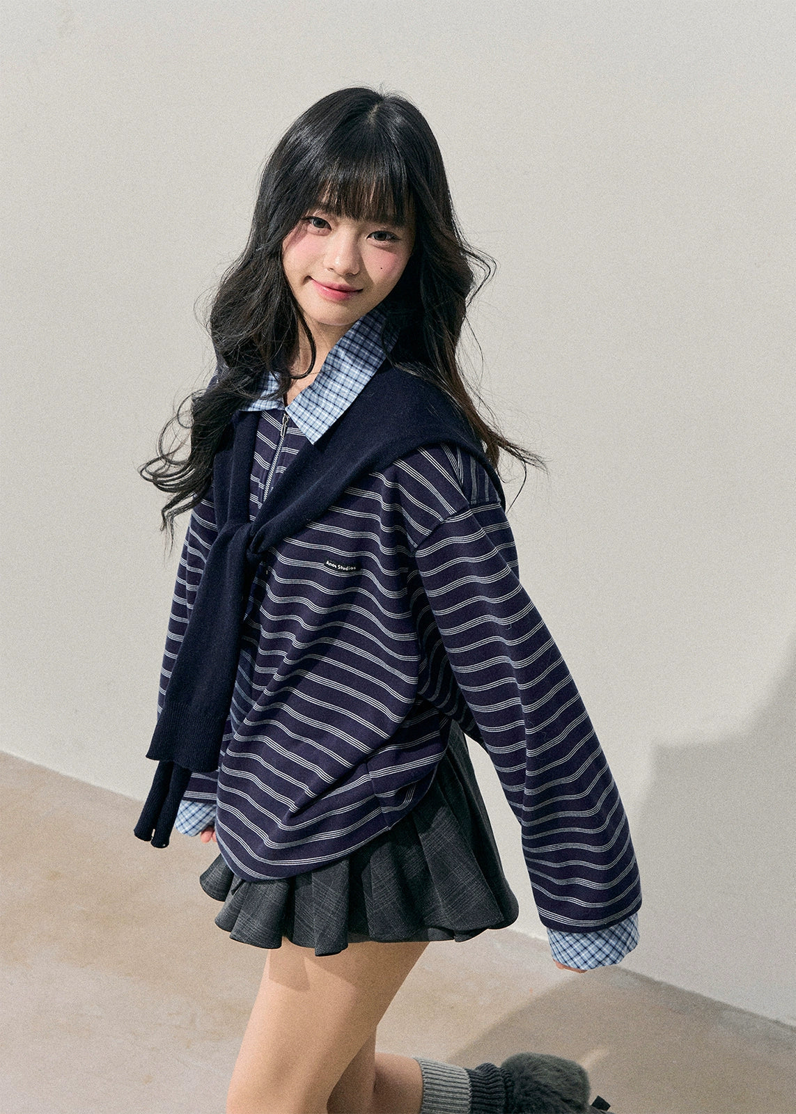 fake two top, layered polo knit, striped long sleeve top, AOMALM top, Korean fashion knit, winter striped polo, preppy layered shirt, women’s fake two sweater, soft knit pullover, autumn winter tops, Korean aesthetic outfit, American striped tee, polo collar knit, layered look sweater, casual winter knit top, streetwear Korean top, feminine preppy clothing, blue striped knit, layered illusion top