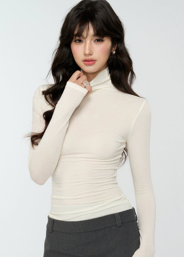 4muggle, lyocell wool turtleneck, slim fit high neck top, thermal base layer, women’s winter knit top, brown turtleneck shirt, supermodel silhouette top, stretchy soft knit, Korean style top, autumn winter layering, hot diamond detail top, second skin fit, chic stylish basics, warm long sleeve top