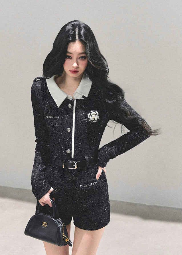 silent echo jumpsuit, AOMALM jumpsuit, Korean style romper, glitter one-piece suit, feminine jumpsuit, small fragrance style romper, winter Korean fashion, chic black jumpsuit women, short tweed jumpsuit, K-fashion outfits 2025