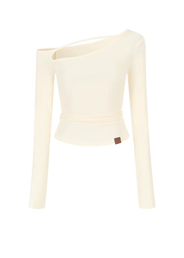 VIAPITTI asymmetrical top, one-shoulder long sleeve, slanted shoulder T-shirt, Lyocell slim top, cutout long sleeve tee, streetwear asymmetric top, edgy hot girl top, fall slim-fit top women, Korean style one-shoulder top, deconstructed neckline shirt
