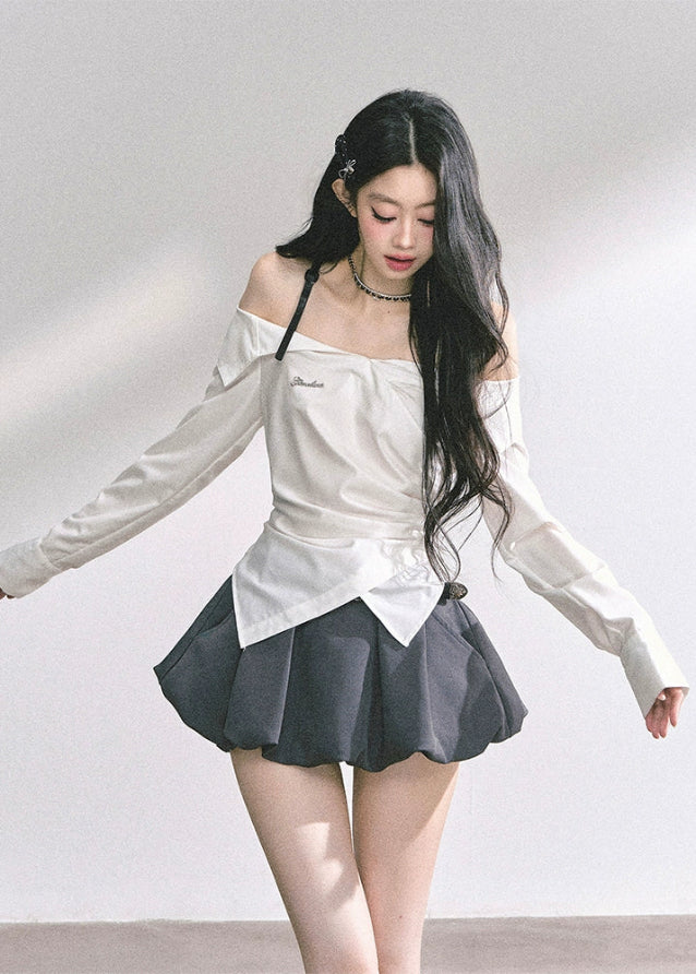 korean off shoulder long sleeve top, french drape blouse women, fake two piece asymmetrical top, korean autumn fashion top women, off shoulder plaid shirt top, elegant french style blouse, korean streetwear chic outfit, trendy korean top long sleeve, asymmetrical draped top women, hot girl fashion blouse korea, korean minimal chic outfit, seoul fashion top autumn, off shoulder slim fit shirt, korean preppy plaid shirt, london style korean top women