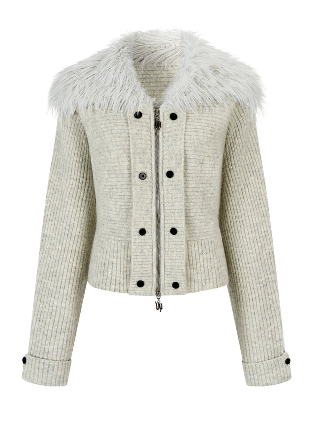 VIAPITTI fur collar knit jacket, heavy knit sweater coat, edgy Korean fashion, autumn winter knitwear, industrial street style, large sleeve knit jacket, waist cinched sweater top, luxury streetwear women, fur trim knit top, K-fashion 2025, thick warm knit jacket, modern street couture, warm winter knit outfit
