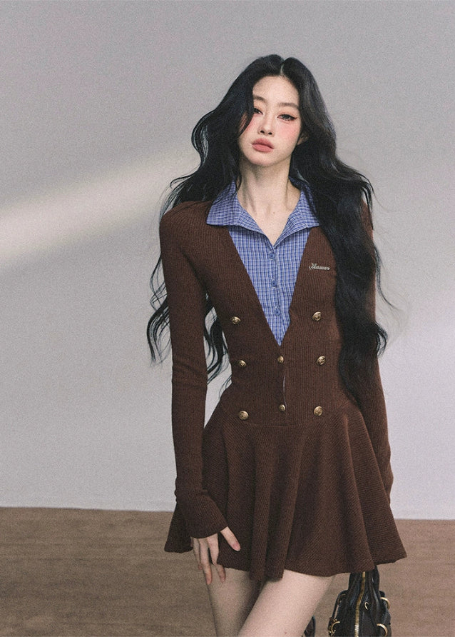 knitted dress women, fake two piece dress, plaid collar mini dress, french style knit dress, autumn winter knitwear, preppy dress women, double button knit dress, korean fashion mini dress, brown knit onepiece, layered collar dress women, elegant fall dress, soft knit mini dress
