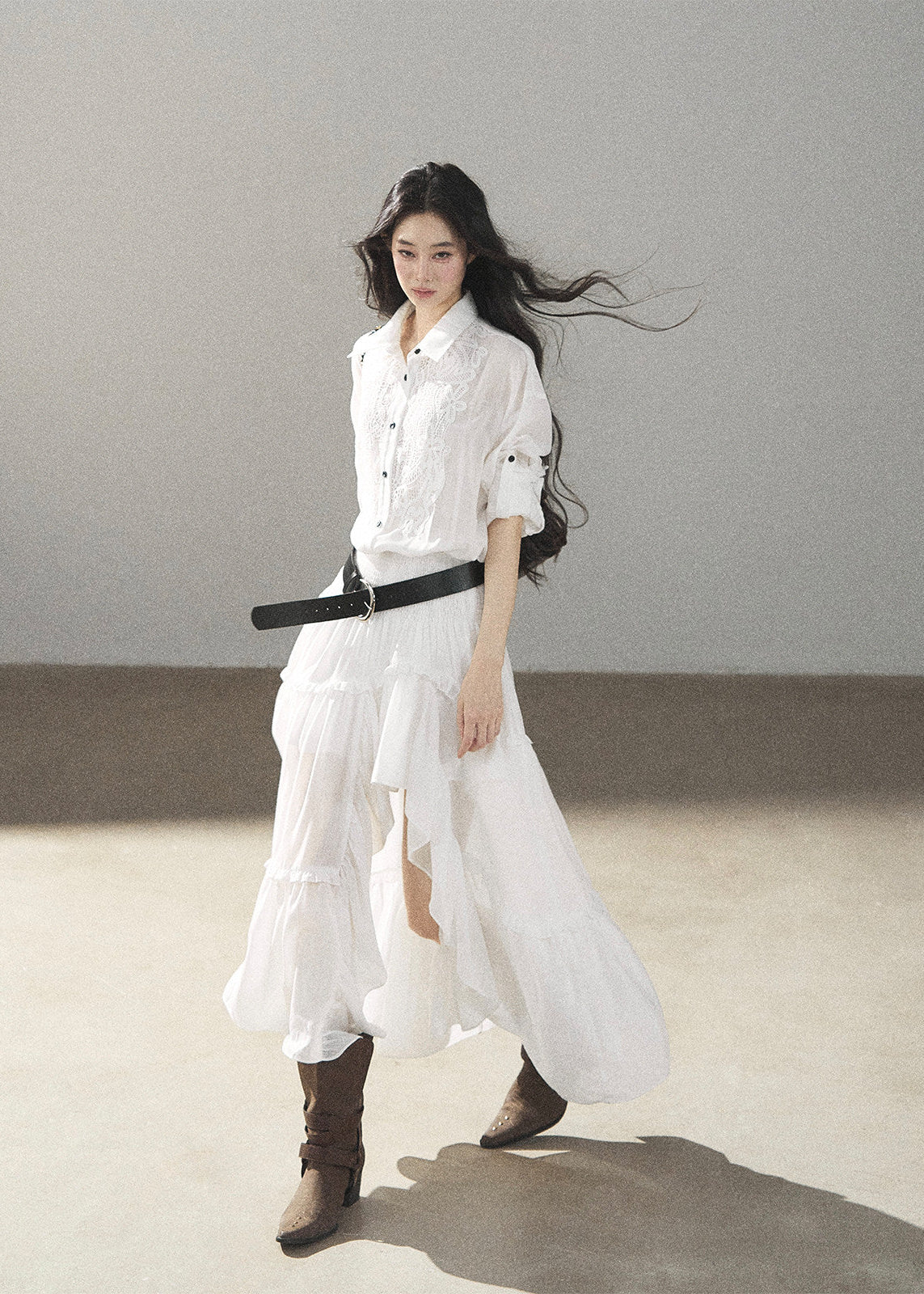 Soft academic-inspired white maxi shirt dress