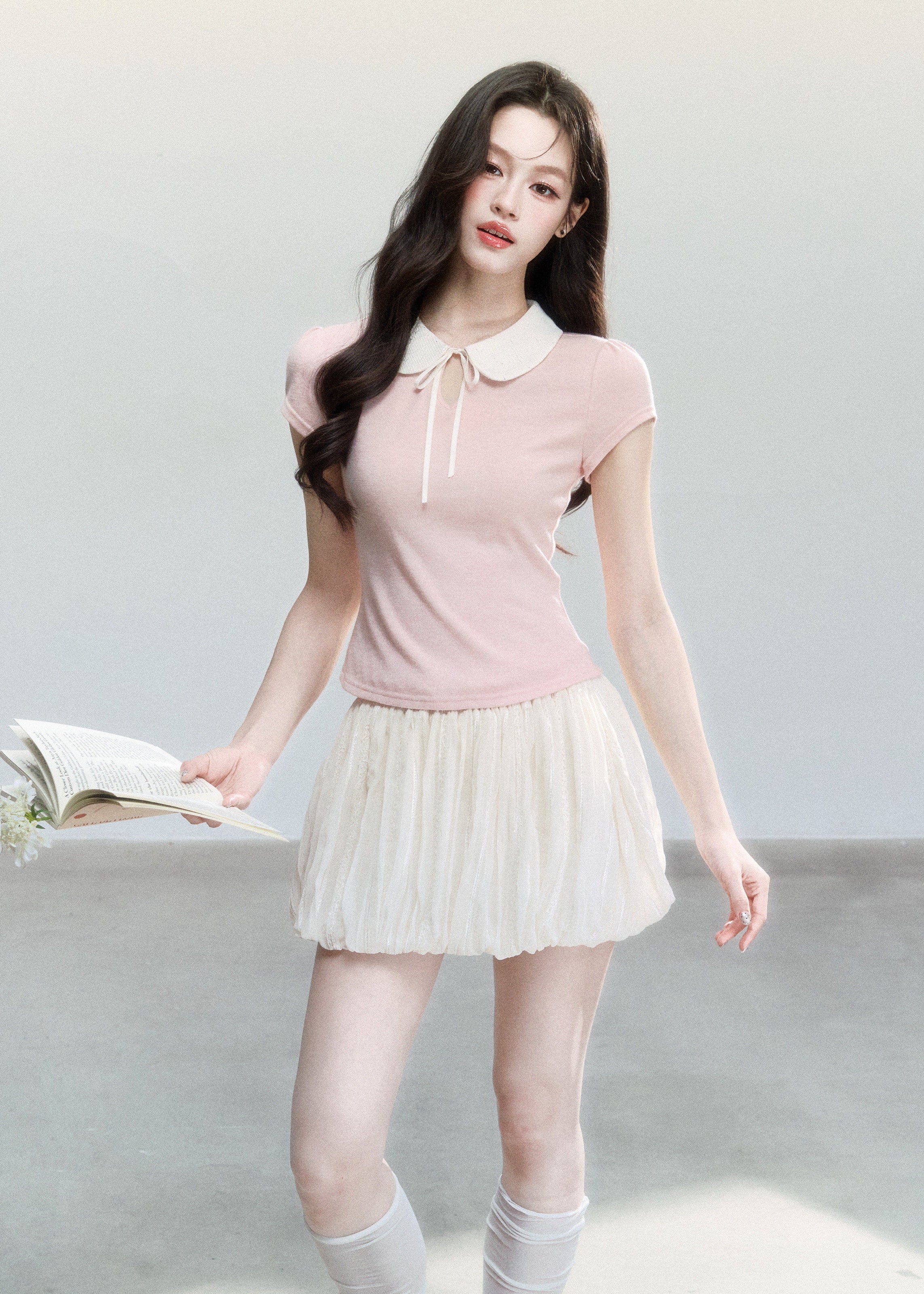 fragileheart top, doll collar t-shirt, peter pan collar top, korean feminine top, slim short sleeve top, preppy summer top, campus style top, cute korean fashion, pink collar top, gray collar top, soft girl top, feminine fitted tee